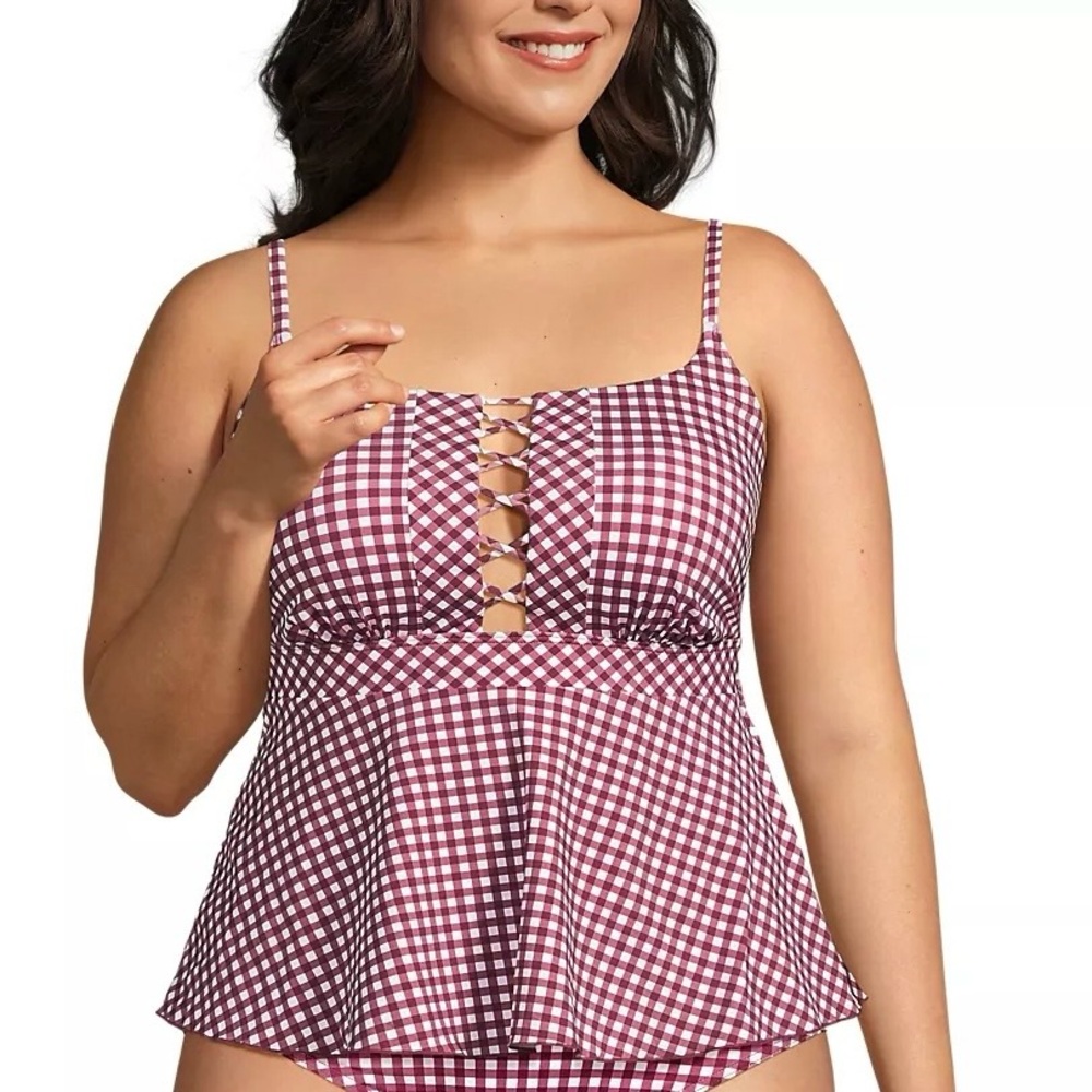 LAND'S END Burgundy Gingham Wireless Tankini Top | Plus Size 22W (2X)
